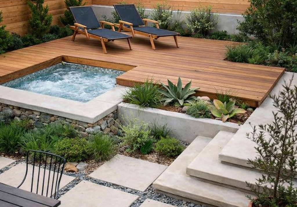 Outdoor deck, spa, custom landscaping project
