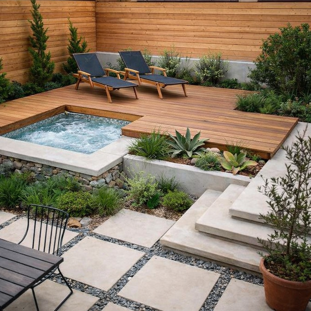 Outdoor deck, spa, custom landscaping project